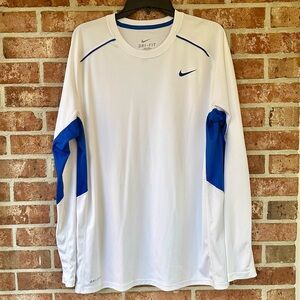 NIKE Dri-Fit men’s white long sleeved performance T-shirt with blue accents